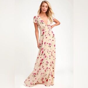 Gift of Love Cream Floral Print Short Sleeve Maxi Dress